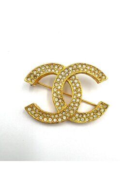 Chanel CC Logo Rhinestone Color Clear Gold Brooch